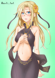 Rule 34 | 1girl, anti (untea9), black dress, blonde hair, breasts, clothing cutout, commentary request, cosplay, cowboy shot, dress, flower, gradient background, green background, grey eyes, hair flower, hair ornament, hand on own chest, highres, hornet (kancolle), hornet (rance), kantai collection, kichikuou rance, large breasts, long hair, looking at viewer, name connection, navel cutout, rance (series), rance 10, solo, twitter username