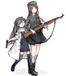 Rule 34 | 2girls, belt, beret, black skirt, blue dress, blue eyes, boots, braid, brown hair, carbine, choker, coat, dress, full body, girls&#039; frontline, glasses, green jacket, gun, hair ornament, hairclip, handgun, hat, height difference, highres, holding, holding another&#039;s arm, holding weapon, jacket, long hair, long sleeves, looking at another, miniskirt, multiple girls, neckerchief, nuzzle, one eye closed, open mouth, pink eyes, pistol, rampart1028, red neckerchief, rifle, short dress, simple background, skirt, sks, smile, standing, star (symbol), thighhighs, twin braids, type 56 carbine (girls&#039; frontline), type 59 (girls&#039; frontline), weapon, white background, white coat