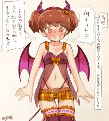 Rule 34 | 1girl, alisa (girls und panzer), bat wings, blush, breasts, brown eyes, brown hair, demon horns, eisu (eith), fake horns, freckles, girls und panzer, halloween, halloween costume, highres, horns, navel, short hair, short shorts, shorts, simple background, small breasts, thighhighs, translation request, twintails, wings, yellow background