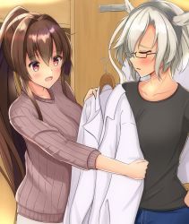 Rule 34 | 2girls, alternate costume, breasts, brown hair, closed eyes, coat, commentary request, cowboy shot, dark-skinned female, dark skin, denim, fitting room, grey shirt, hair between eyes, highres, jeans, kantai collection, large breasts, long hair, multiple girls, musashi (kancolle), open mouth, pants, platinum blonde hair, ponytail, red eyes, ribbed sweater, semi-rimless eyewear, shirt, short hair with long locks, sweater, toyomi 13, twintails, two side up, white coat, yamato (kancolle)