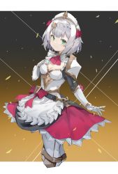 Rule 34 | 1girl, absurdres, apron, armor, belt, boobplate, braid, braided bangs, breastplate, breasts, chain, cleavage, cleavage cutout, clothing cutout, cropped legs, flower, gauntlets, genshin impact, green eyes, grey hair, hair flower, hair ornament, hand on own chest, highres, leggings, maid, maid headdress, medium breasts, noelle (genshin impact), red flower, red rose, rose, ryou (ponpgo), short hair, smile, solo, white apron