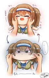 Rule 34 | &lt;o&gt; &lt;o&gt;, 1girl, anger vein, arrow (symbol), asimo953, breasts, cheek pinching, chibi, closed eyes, hairband, highres, i-26 (kancolle), kantai collection, large breasts, light brown hair, open mouth, pinching, sailor collar, smile, solo focus, twitter username, two-tone hairband, two side up, zipper