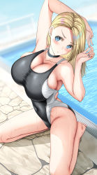 Rule 34 | 1girl, armpits, arms up, asahina hikage, bare shoulders, black one-piece swimsuit, blonde hair, blue eyes, blush, breasts, bursting breasts, cleavage, collarbone, competition swimsuit, covered navel, curvy, highleg, highleg swimsuit, highres, large breasts, long hair, one-piece swimsuit, open mouth, original, parted bangs, pool, poolside, sitting, solo, swimsuit, thighs, wariza, water, wet