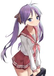 Rule 34 | 1girl, absurdres, bag, blue eyes, blush, closed mouth, dot nose, duplicate, highres, hiiragi kagami, holding, legs, long hair, long sleeve shirt, looking at viewer, lucky star, purple hair, red sailor collar, sailor collar, school bag, school uniform, serafuku, simple background, solo, standing, white background, yoruciel