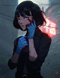 Rule 34 | 1girl, absurdres, black hair, black shirt, blood, blood on arm, blood on face, blue gloves, blurry, blurry background, brown eyes, collared shirt, commentary, english commentary, gloves, highres, original, rubber gloves, sartg, shirt, short hair, sideways glance, sleeves rolled up, solo, upper body