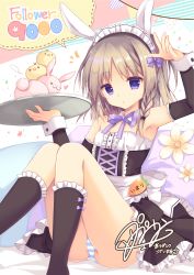 Rule 34 | 1girl, :o, animal, animal ears, apron, arm up, armpits, bad id, bad pixiv id, bare shoulders, bed sheet, bird, black skirt, black sleeves, black socks, bow, braid, chick, collar, commentary request, detached collar, detached sleeves, flower, frilled apron, frilled skirt, frilled socks, frills, hair tie, head tilt, highres, holding, holding tray, kneehighs, light brown hair, long hair, long sleeves, looking at viewer, maid, maid headdress, milestone celebration, neck ribbon, original, panties, pantyshot, parted lips, pillow, purinpurin, purple bow, purple eyes, purple ribbon, rabbit, rabbit ears, ribbon, sitting, skirt, sleeve cuffs, sleeves past wrists, socks, solo, string of flags, striped clothes, striped panties, tray, underwear, white apron, white bow, white collar, wing collar