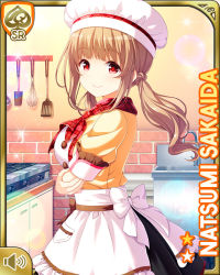 1girl apron black_skirt breasts brown_hair card_(medium) chef closed_mouth day female_focus girlfriend_(kari) indoors kitchen large_breasts long_hair official_art plaid_clothes plaid_neckwear qp:flapper red_eyes sakaida_natsumi shirt shoes skirt smile socks solo standing tagme yellow_shirt