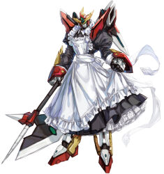 Rule 34 | absurdres, alternate costume, apron, bravern, enmaided, frilled apron, frills, full body, greatwhite1122, halberd, highres, holding, holding weapon, juliet sleeves, long skirt, long sleeves, maid, maid apron, mecha, no humans, petticoat, polearm, puffy sleeves, robot, simple background, skirt, skirt hold, v-fin, weapon, white background, yuuki bakuhatsu bang bravern