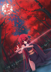Rule 34 | 00s, 1girl, bad anatomy, bad hands, dutch angle, foreshortening, japanese clothes, kimono, leaf, long hair, maple leaf, moon, noi (noi 2y), obi, outstretched arm, poorly drawn, red eyes, red hair, red theme, sash, shakugan no shana, shana, solo, submerged, sword, tree, wading, water, weapon