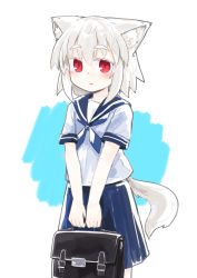Rule 34 | 1girl, absurdres, alternate costume, animal ear fluff, animal ears, blue background, blue neckerchief, blue sailor collar, blue skirt, blush, briefcase, cowboy shot, hair between eyes, highres, holding, inubashiri momiji, kibisake, looking at viewer, neckerchief, parted lips, pleated skirt, red eyes, sailor collar, school briefcase, school uniform, serafuku, shirt, short sleeves, silver hair, skirt, solo, standing, tail, thick eyebrows, touhou, two-tone background, white background, white shirt, wolf ears, wolf girl, wolf tail
