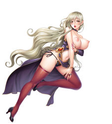 Rule 34 | 1girl, bare shoulders, black footwear, black thighhighs, blonde hair, blush, bracelet, breasts, character request, choker, commentary request, dress, fingernails, full body, high heels, jewelry, jumping, large breasts, leg up, lilith-soft, lips, long hair, looking at viewer, mole, mole under eye, nail polish, navel, nipples, official art, open mouth, panties, pointy ears, puffy nipples, purple dress, ring, sano toshihide, shiny clothes, shiny skin, side-tie panties, simple background, sleeveless, sleeveless dress, solo, stomach, taimanin (series), taimanin asagi kessen arena, taimanin rpgx, thighhighs, underwear, white background, yellow eyes
