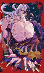Rule 34 | 1boy, abs, ashiya douman (fate), asymmetrical clothes, asymmetrical hair, bell, black eyes, black hair, commentary, commentary request, curly hair, earrings, eyeshadow, fangs, fate/grand order, fate (series), fingernails, green eyeshadow, green kimono, green lips, green nails, hadanugi dousa, hair bell, hair between eyes, hair intakes, hair ornament, hand on own chest, highres, japanese clothes, jewelry, kimono, knmendako, long hair, looking at viewer, magatama, magatama earrings, makeup, male focus, multicolored hair, nail polish, nipples, onmyouji, open clothes, open kimono, pectorals, red eyes, ribbed sleeves, sharp fingernails, smile, solo, toned, toned male, traditional clothes, two-tone hair, upper body, very long fingernails, very long hair, white hair, wide sleeves