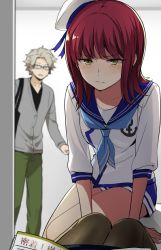 Rule 34 | 1boy, 1girl, 7100potechi, anchor print, bag, blue neckerchief, blue shorts, blurry, blush, cardigan, depth of field, flipped hair, glasses, green eyes, green pants, green pantyhose, grey cardigan, grey hair, hat, katori youko, leaning forward, long sleeves, looking at viewer, medium hair, neckerchief, out of frame, pants, pantyhose, pov, red hair, sailor collar, sailor hat, short hair, shorts, shoulder bag, sitting, sleeves past elbows, standing, surprised, v-neck, wakamura rokurou, walk-in, white headwear, world trigger