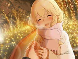 Rule 34 | 1girl, :d, alternate costume, blonde hair, blush, breath, christmas lights, clarice (idolmaster), coat, cropped torso, enpera, eyebrows hidden by hair, closed eyes, holding hands, idolmaster, idolmaster cinderella girls, long hair, motomoufu (p blanket), open mouth, pink scarf, pov, pov hands, scarf, smile, solo focus, upper body, white coat, winter clothes