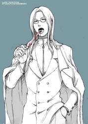 Rule 34 | 1boy, aqua background, blood, blue background, coat, formal, glasses, gloves, hand in pocket, hellsing, high collar, knife, licking, long hair, luke valentine, male focus, monochrome, open mouth, overcoat, simple background, solo, spot color, suit, tongue, vampire