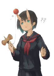 Rule 34 | 1girl, ?, ??, aqua eyes, aqua hair, ball, black hair, black sailor collar, black serafuku, black skirt, bob cut, commentary, confused, cowboy shot, flying sweatdrops, hands up, holding, holding toy, horns, kendama, long sleeves, neckerchief, on horn, original, others (gogo-o), parted lips, pleated skirt, red neckerchief, sailor collar, school uniform, serafuku, short hair, simple background, skin-covered horns, skirt, solo, symbol-only commentary, toy, white background