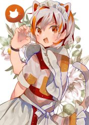 Rule 34 | 1girl, alternate costume, animal ears, apron, bell, blush, brown hair, calico, cat ears, cat tail, enmaided, fang, floral background, goutokuji mike, hair between eyes, highres, jingle bell, looking at viewer, looking back, maid, maid apron, maid headdress, maneki-neko, multicolored clothes, multicolored hair, orange eyes, orange hair, paw pose, short hair, short sleeves, skin fang, solo, streaked hair, tail, tamagogayu1998, touhou, white hair