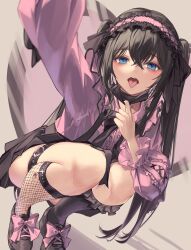 Rule 34 | 1girl, absurdres, asymmetrical legwear, black bow, black choker, black footwear, black hair, black nails, black skirt, black socks, blue eyes, bow, choker, commentary request, commission, facing viewer, frills, hairband, highres, idolmaster, idolmaster cinderella girls, jirai kei, kneehighs, long hair, mask, mask pull, mouth mask, open mouth, piercing, pink hairband, pink ribbon, pink shirt, ribbon, sagisawa fumika, selfie, shirt, shoes, skeb commission, skirt, socks, solo, squatting, teeth, thigh strap, tongue, tongue out, tongue piercing, twintails, una kamra, upper teeth only