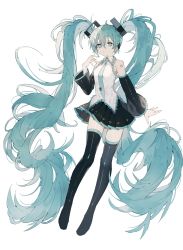 Rule 34 | 1girl, absurdly long hair, black footwear, black skirt, black sleeves, black thighhighs, blue eyes, blue hair, blue necktie, boots, collared shirt, commentary, deep (deep4946), detached sleeves, full body, hand up, hatsune miku, highres, long hair, looking at viewer, necktie, no pupils, parted lips, pleated skirt, shirt, simple background, skirt, sleeveless, sleeveless shirt, solo, tattoo, thigh boots, thighhighs, twintails, very long hair, vocaloid, white shirt, wings