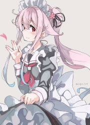 Rule 34 | 1girl, apron, black dress, blush, dress, frilled apron, frills, gradient hair, grey background, hair ribbon, harusame (kancolle), heart, highres, kantai collection, long hair, long sleeves, maid, maid headdress, multicolored hair, pink hair, ponytail, red eyes, red neckwear, ribbon, sidelocks, simple background, skirt hold, smile, solo, sugue tettou, twitter username, white apron