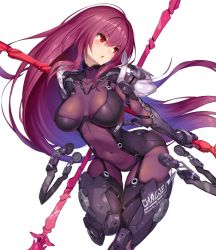 Rule 34 | 1girl, adapted costume, armor, blush, bodysuit, boots, breasts, commentary request, covered navel, fate/grand order, fate (series), gae bolg (fate), gauntlets, holding, lance, large breasts, long hair, looking to the side, armored boots, nidy, parted lips, polearm, purple bodysuit, purple hair, red eyes, scathach (fate), simple background, solo, standing, thigh gap, very long hair, weapon, white background