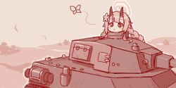 Rule 34 | 1girl, blue archive, blush, braid, bug, butterfly, chise (blue archive), closed mouth, day, flower, hair flower, hair ornament, halo, hill, horns, insect, long hair, looking at animal, low twin braids, lowres, maibotsumou, military vehicle, monochrome, motor vehicle, oekaki, outdoors, red theme, riding, solo, tank, twin braids, wide shot