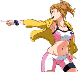 Rule 34 | 1girl, absurdres, atamadarurun, bike shorts, blue eyes, blue wristband, breasts, brown hair, cleavage, collarbone, commentary request, gundam, gundam build fighters, gundam build fighters try, highres, hoshino fumina, jacket, knees out of frame, looking to the side, medium breasts, midriff, navel, open clothes, open jacket, open mouth, outstretched arm, pink sports bra, pointing, pointing to the side, ponytail, scrunchie, sidelocks, simple background, smile, solo, sports bra, standing, stomach, two-tone sports bra, white background, wristband, yellow jacket