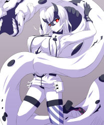 Rule 34 | 10s, 1girl, abyssal ship, armpits, arms up, asymmetrical horns, asymmetrical legwear, black gloves, black panties, breasts, center opening, cleavage, closed mouth, colored skin, covered erect nipples, cowboy shot, female focus, frown, gloves, hair between eyes, heavy cruiser princess, horns, jacket, kantai collection, large breasts, long hair, looking at viewer, mamiyama, mismatched legwear, monster, open clothes, open jacket, panties, pantyshot, red eyes, simple background, sleeveless, solo, standing, striped clothes, striped thighhighs, thighhighs, turret, underwear, uneven horns, unzipped, white hair, white skin