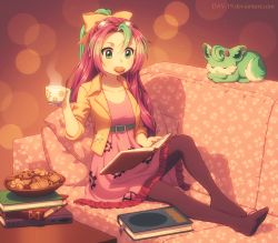 Rule 34 | 1girl, animal, book, book stack, bow, bowl, breasts, coffee, coffee cup, collarbone, commission, cookie, couch, cup, dav-19, disposable cup, feet on chair, food, food in mouth, full body, green hair, hair bow, half updo, holding, holding cup, long hair, medium breasts, mouth hold, orange theme, original, pantyhose, pink hair, ponytail, reading, sitting, sleeping, table, watermark, web address, yellow bow