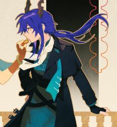 Rule 34 | 1girl, alternate costume, arknights, black coat, black gloves, blue dress, blue hair, bracelet, buttons, ch&#039;en (arknights), coat, cowboy shot, dragon girl, dragon horns, dress, feeding, fingerless gloves, food, gloves, holding, holding food, horns, jewelry, layered sleeves, low twintails, mooncake, open clothes, open coat, out of frame, red eyes, solo focus, twintails, vento