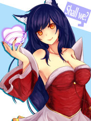 Rule 34 | 1girl, ahri (league of legends), animal ears, blue hair, breasts, collarbone, detached sleeves, energy ball, english text, fingernails, fox ears, ikumiy, korean clothes, large breasts, league of legends, long fingernails, long hair, long sleeves, looking at viewer, off shoulder, simple background, smile, solo, upper body, wide sleeves, yellow eyes