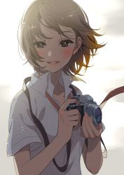 Rule 34 | 1girl, backlighting, bare arms, blush, brown eyes, buttons, camera, collarbone, collared shirt, dress shirt, eyelashes, flat chest, hair between eyes, highres, holding, holding camera, light particles, lips, looking at viewer, morikura en, necktie, orange necktie, original, parted lips, pocket, shade, shirt, short hair, short sleeves, smile, solo, upper body, white shirt, wind, winf