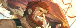 Rule 34 | 1boy, banner, battle, battle standard, beard, blood, blood on face, cape, clenched teeth, cuts, dark-skinned male, dark skin, facial hair, fate/grand order, fate/zero, fate (series), floating clothes, highres, holding, holding cape, holding clothes, injury, iskandar (fate), looking ahead, male focus, mature male, mixiaomoyuwangdamo (wang da mo), portrait, red hair, serious, solo, teeth, thick eyebrows, veiny neck, war banner, wind