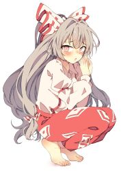 Rule 34 | 1girl, absurdres, barefoot, blush, bow, collared shirt, commentary request, feet, fujiwara no mokou, furrowed brow, hair bow, highres, long hair, long sleeves, multiple hair bows, ofuda, ofuda on clothes, open mouth, own hands together, pants, red eyes, red pants, seika okawari, shirt, squatting, suspenders, tiptoes, toenails, toes, touhou, very long hair, white background, white hair, white shirt