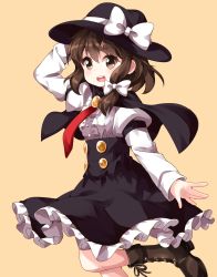 Rule 34 | 1girl, :d, black capelet, black hat, black skirt, boots, bow, brooch, brown eyes, brown hair, capelet, center frills, frilled skirt, frills, hair bow, hand on headwear, hat, hat bow, high-waist skirt, highres, jewelry, juliet sleeves, long sleeves, medium hair, necktie, open mouth, puffy sleeves, red necktie, ruu (tksymkw), simple background, skirt, smile, solo, touhou, usami renko, yellow background