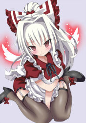 Rule 34 | 1girl, alternate costume, alternate hairstyle, apron, black thighhighs, blush, bow, breast hold, breasts, embarrassed, enmaided, female focus, fujiwara no mokou, garter belt, garter straps, givuchoko, hair bow, high heels, jpeg artifacts, long hair, looking at viewer, maid, maid apron, ponytail, red eyes, shoes, sidelocks, silver hair, simple background, solo, tears, thighhighs, touhou, very long hair, wings
