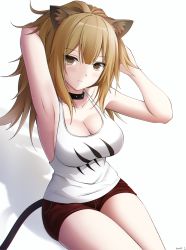 Rule 34 | 1girl, animal ears, arknights, arm up, armpits, artist name, bare arms, bare shoulders, breasts, brown hair, choker, cleavage, collarbone, hand up, highres, keenh, large breasts, lion ears, lion tail, long hair, looking at viewer, ponytail, red shorts, shadow, shirt, short shorts, shorts, siege (arknights), sitting, sleeveless, sleeveless shirt, solo, tail, thighs, white shirt