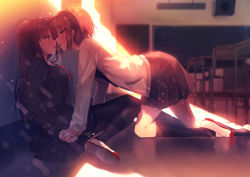 Rule 34 | 2girls, after kiss, all fours, black serafuku, black shirt, black skirt, black socks, blouse, blurry, blurry background, blush, bow, breasts, brown eyes, brown hair, cardigan, chair, classroom, commentary request, depth of field, desk, earrings, eye contact, french kiss, from side, highres, indoors, jewelry, kiss, kneehighs, loafers, long hair, long sleeves, looking at another, medium breasts, multiple girls, open cardigan, open clothes, original, pantyhose, pleated skirt, profile, red bow, sailor collar, saliva, saliva trail, school chair, school desk, school uniform, serafuku, shirt, shoes, shouna mitsuishi, skirt, sleeves past wrists, socks, stud earrings, sunset, tongue, tongue out, uwabaki, very long hair, white cardigan, white footwear, white sailor collar, yuri