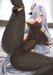 Rule 34 | 1girl, absurdres, aqua nails, bannou ippoutsukou, black bodysuit, blue eyes, blush, bodysuit, breasts, clothing cutout, covered navel, eyes visible through hair, genshin impact, grey hair, hair ornament, hair over one eye, highres, hip vent, large breasts, leg up, long hair, looking at viewer, lying, nail polish, on side, parted lips, shenhe (genshin impact), shoulder cutout, solo, thighs