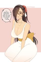 Rule 34 | 1girl, absurdres, bare arms, bare back, bare shoulders, bow, breasts, bride, cleavage, cryptid crab, dress, fire emblem, fire emblem fates, fire emblem heroes, highres, jewelry, kagero (fire emblem), large breasts, long hair, necklace, nintendo, one eye covered, seiza, sitting, tiara, watermark, wedding dress, yellow bow