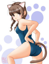 Rule 34 | 1girl, animal ears, ass, braid, brown eyes, brown hair, cat ears, cat tail, hair over shoulder, kimi kiss, mizusawa mao, neopure, one-piece swimsuit, school swimsuit, solo, swimsuit, tail, tongue, twin braids, twintails