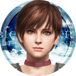 Rule 34 | 1girl, profile picture, brown hair, choker, close-up, closed mouth, commentary request, eyelashes, green eyes, lips, logo, looking at viewer, lowres, official art, pink choker, rebecca chambers, resident evil, resident evil: death island, short hair, solo, transparent background, upper body