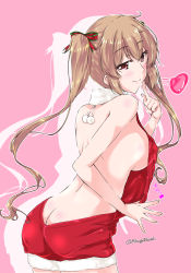Rule 34 | 1girl, ass, back, bare shoulders, blush, breasts, brown hair, butt crack, hair ribbon, kantai collection, large breasts, long hair, meme attire, mikage takashi, murasame (kancolle), red eyes, ribbon, santa costume, sideboob, smile, solo, twintails, twitter username, virgin killer sweater