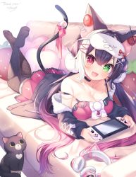 Rule 34 | + +, 1girl, :d, animal, animal ear headphones, animal ears, asymmetrical legwear, bad id, bad pixiv id, bell, black cardigan, black choker, black hair, black thighhighs, breasts, camisole, cardigan, cat, cat ear headphones, cat ears, cat girl, cat tail, choker, cleavage, collarbone, commission, copyright request, couch, crossed ankles, fake animal ears, fang, fishnet thighhighs, fishnets, food, fruit, full body, gradient hair, green eyes, hair between eyes, hair ornament, handheld game console, headphones, headphones removed, heart, heart hair ornament, heart-shaped pillow, heterochromia, highres, holding, holding handheld game console, jingle bell, komachi pochi, lace, lace-trimmed skirt, lace trim, large breasts, long hair, long sleeves, looking at viewer, lying, mask, mask on head, mismatched legwear, multicolored hair, no shoes, on couch, on stomach, open mouth, pillow, pink hair, pink ribbon, pink skirt, red eyes, ribbon, skeb commission, skin fang, skirt, sleep mask, smile, solo, strap slip, strawberry, streaked hair, tail, tail bell, tail ornament, tail ribbon, the pose, thighhighs, twintails, very long hair, virtual youtuber, white background, white hair