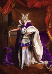 Rule 34 | 1girl, amibazh, armchair, blonde hair, cape, carpet, chair, closed mouth, commentary request, curtains, dress, earmuffs, fine art parody, full body, hair intakes, hand on own hip, high heels, holding, parody, pointy hair, portrait de louis xiv, ribbon, royal robe, sash, shade, shoes, short dress, solo, standing, sword, tassel, thighhighs, touhou, toyosatomimi no miko, weapon, white thighhighs, wristlet, yellow eyes, yellow footwear