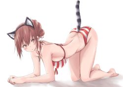 Rule 34 | 1girl, :t, all fours, animal ears, arched back, arm support, ass, barefoot, bent over, bikini, blush, breasts, brown hair, cat ears, cat tail, fake animal ears, highres, jewelry, kneeling, large breasts, legs, looking at viewer, necklace, original, pout, rucchiifu, short hair, sideboob, solo, string bikini, striped bikini, striped clothes, swimsuit, tail
