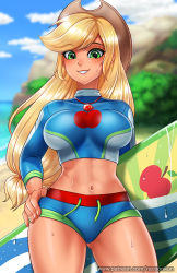 Rule 34 | 1girl, apple print, applejack, beach, bikini, bikini bottom only, blonde hair, blue bikini, blurry, blurry background, breasts, cloud, cowboy hat, cowboy shot, curvy, day, drawstring, freckles, gem, gluteal fold, green eyes, grin, hand on own hip, hat, holding, holding behind back, jewelry, large breasts, long hair, long sleeves, looking at viewer, low-tied long hair, midriff, my little pony, my little pony: equestria girls, my little pony: friendship is magic, narrow waist, navel, necklace, ocean, outdoors, personification, racoon-kun, sky, smile, solo, surfboard, swept bangs, swimsuit, thighs, very long hair, watermark, web address, wet