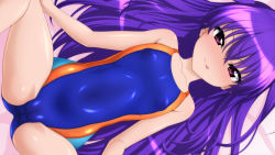 Rule 34 | 1girl, absurdres, blue one-piece swimsuit, cameltoe, cleft of venus, collarbone, commentary request, competition swimsuit, covered navel, cowboy shot, flat chest, from above, highres, long hair, looking at viewer, one-piece swimsuit, original, purple eyes, purple hair, solo, spread legs, sugimura tomokazu, swimsuit