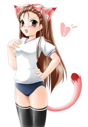 Rule 34 | 00s, 1girl, ^^^, animal ears, bangs pinned back, black thighhighs, blouse, bow, broken heart, buruma, cat ears, cat tail, cowboy shot, embarrassed, fingernails, from side, gym uniform, hand on own hip, heart, idolmaster, idolmaster (classic), idolmaster 1, kamiya tomoe, kemonomimi mode, legs together, long fingernails, long hair, minase iori, open mouth, pink bow, shirt, simple background, solo, spoken heart, standing, tail, teeth, thighhighs, underwear, upper teeth only, v-shaped eyebrows, very long hair, white background, white shirt