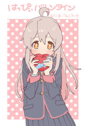 Rule 34 | 1girl, ahoge, black jacket, black skirt, blush, box, brown eyes, commentary, covering own mouth, grey hair, hair between eyes, heart-shaped box, holding, holding box, incoming gift, jacket, long hair, long sleeves, looking at viewer, multicolored hair, okojyodxex, onii-chan wa oshimai!, oyama mahiro, pink hair, pleated skirt, polka dot, polka dot background, school uniform, simple background, skirt, solo, translated, two-tone hair, valentine